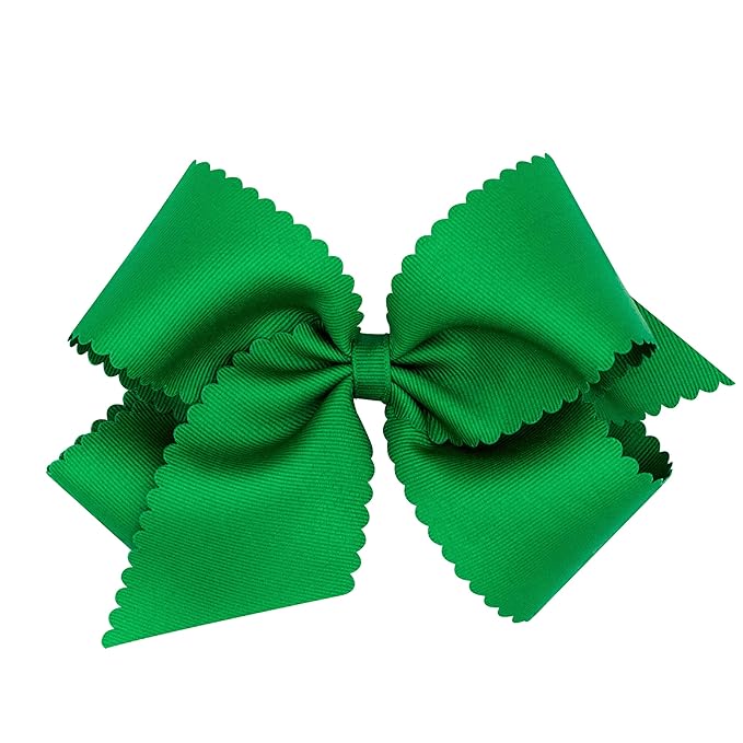 Wee Ones Girls' Classic Grosgrain Hair Bow with Scalloped Edges, No-Slip Hair Clip, Handmade, Green, King