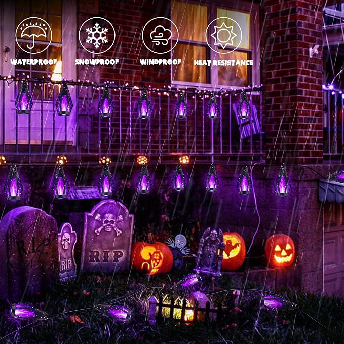 iBaycon Solar Halloween Lights, 27Ft 10 LED Bulbs Flickering Flame String Light, Outdoor Waterproof Solar Flame Lights for Garden Yard Patio Halloween Decorations (Purple)
