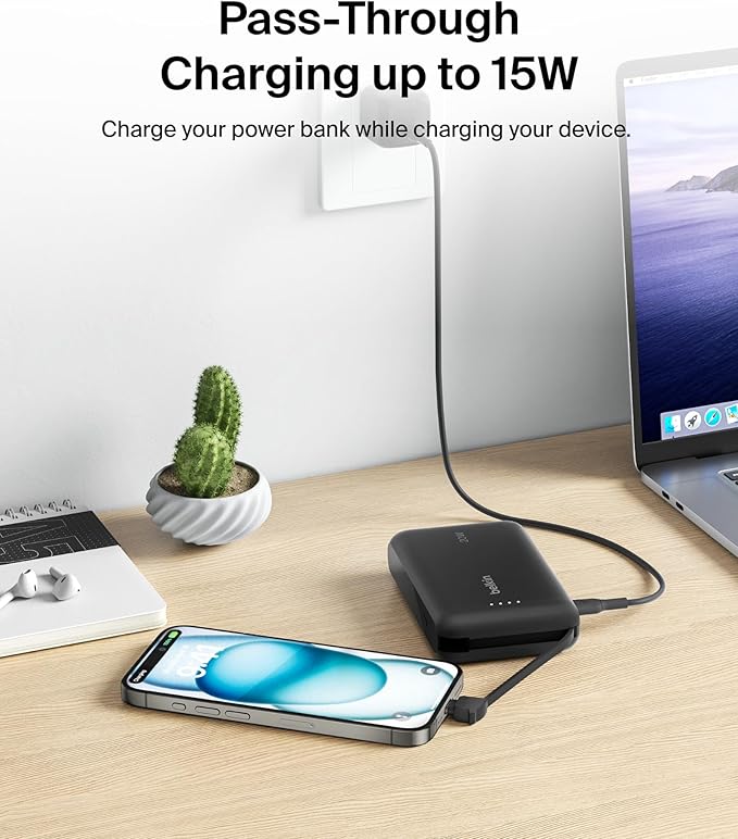 Belkin Portable Charger, Power Bank 10000 mAh w/Integrated Cable - 20W Fast Charge USB-C Power Delivery, iPhone Charger - Apple iPhone 17, Air, Pro, Pro Max, iPad, Samsung Galaxy S25, & More - Black