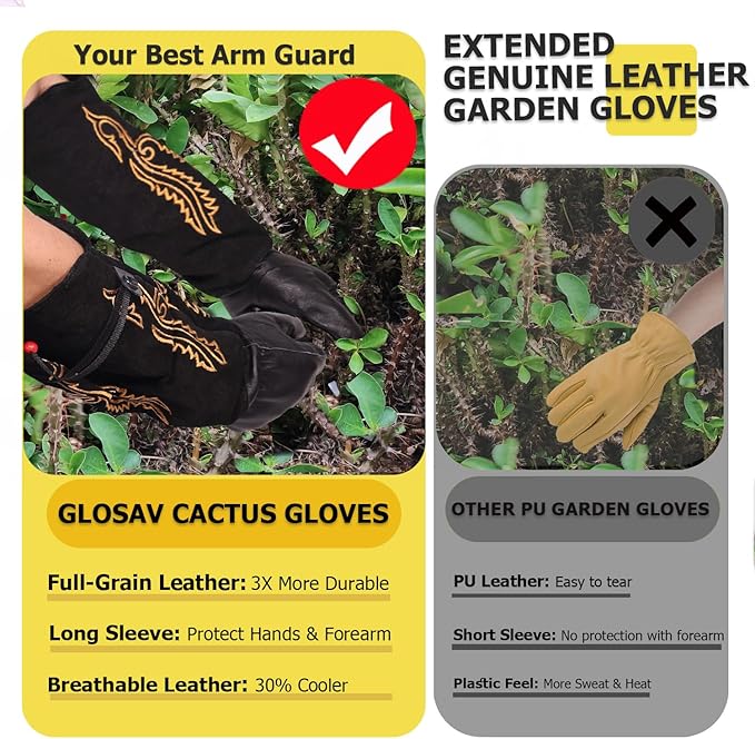 Gardening Gloves Thorn Proof for Rose Pruning & Cactus Trimming, Cowboy Long Leather Garden Gloves for Women & Men (Western Style, Small)