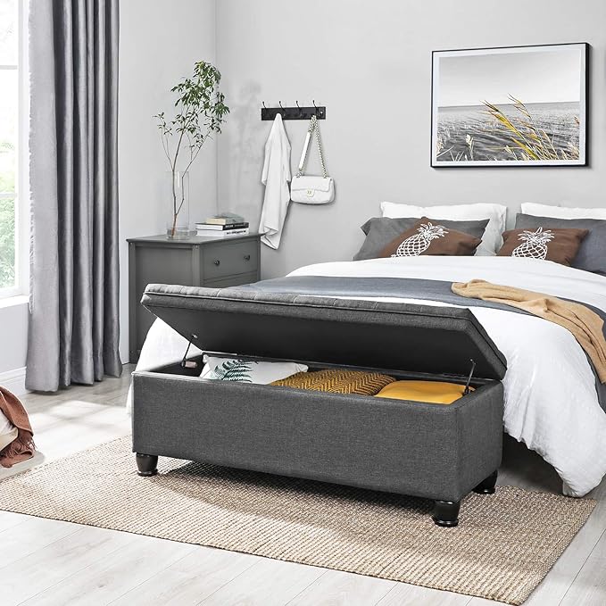 SONGMICS Storage Ottoman, Storage Bench, Tufted Entryway Bedroom Bench, 17.7 x 46.5 x 17.7 Inches, Hinges Easy Lid Operation, Wooden Legs, Linen-Look Cover, Loads 330 lb, Dark Gray ULOM070G01