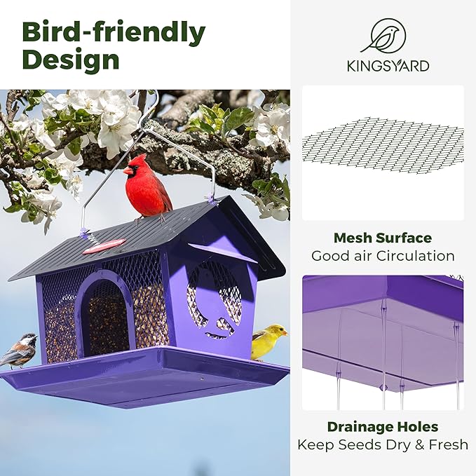 Kingsyard Metal Bird Feeders for Outdoors Hanging, Wild Bird Feeder with Seed Tray and Weatherproof Roof, 3 lbs Seed Capacity, Purple