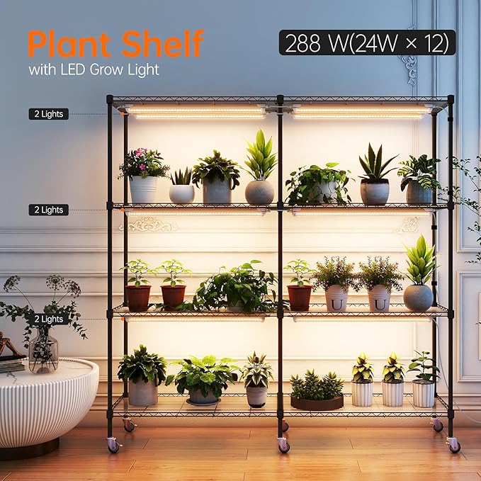 Bstrip Plant Shelf with Grow Light, 4-Tier Large Grow Light Shelf with Wheels, Stainless Steel, 12-Pack 288W T8 Full Spectrum Grow Lights for Seed Starting(57.4" L x 13.8" W x 59" H)