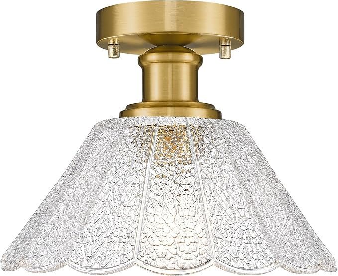 Gold Semi Flush Mount Ceiling Light, HWH 10 Inch Modern Hallway Light Fixtures Ceiling Mount for Kitchen Entryway Foyer, Glass Ceiling Lights in Brushed Gold Finish, Clear Floral Glass, 5HJX110F BG