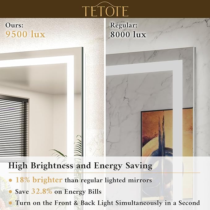 TETOTE 48 x 40 LED Lighted Bathroom Mirror with Lights, Brighter Led Vanity Mirror for Bathroom, Front and Backlit Illuminated Anti Fog Light up Mirror 3-Color Dimmable, Waterproof, Tempered Glass