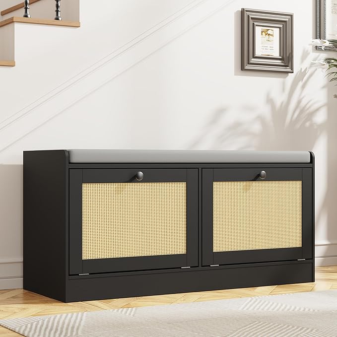 MHOM Rattan Shoe Bench for Entryway, Hallway and Bedroom - Boho Bench with Storage Cabinets and Seat Cushion - Wooden Storage Bench Fits up to Size 16, Black