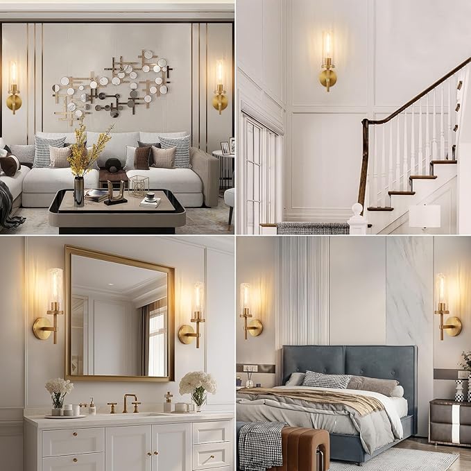15" Knurled Brass Wall Sconces Set of 2, Gold Bathroom Vanity Light Fixtures with Crackle Glass Tube, Modern Lamp Lighting for Bedroom, Living Room, Hallway, Staircase, Mirror, Kitchen