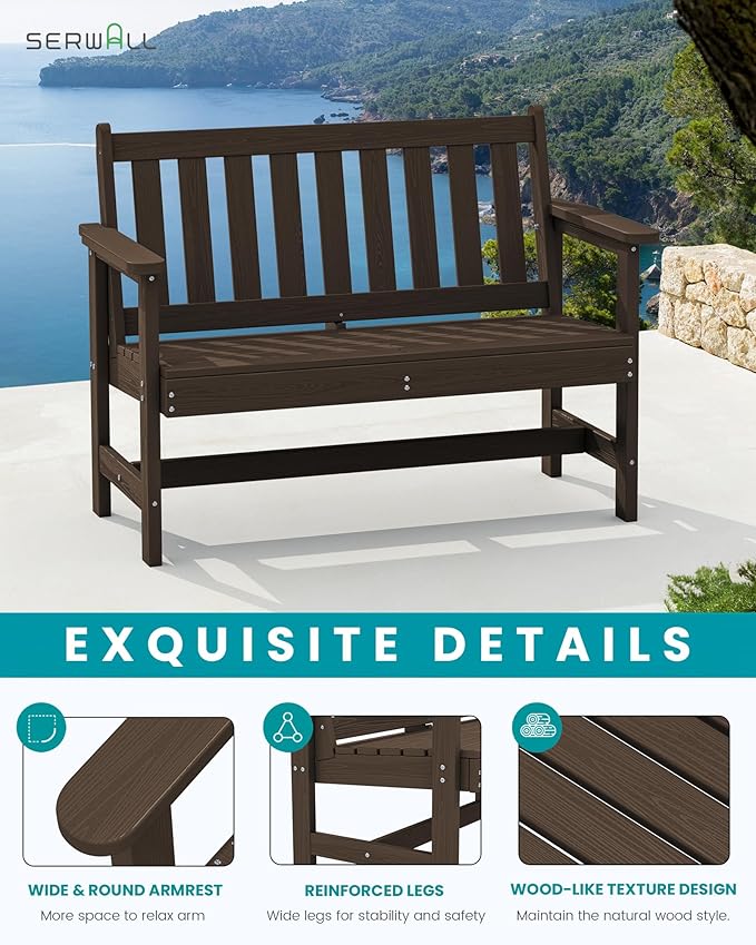 SERWALL Outdoor Bench, HDPE Outdoor Benches Weatherproof, 2-Person Garden Bench with 660 lbs Weight Capacity, Patio Benches for Outdoors, Garden, Porch, Backyard and Park, Coffee, 4 Pack