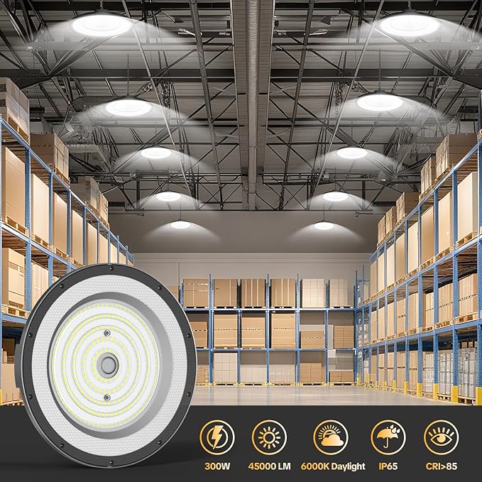 AIKVSXER LED High Bay Light UFO Shop Light 300W 45000LM 6000K Daylight Super Bright IP65 Waterproof for Warehouse Garage Barn Factory Workshop 5FT Cord with US Plug 6 Pack