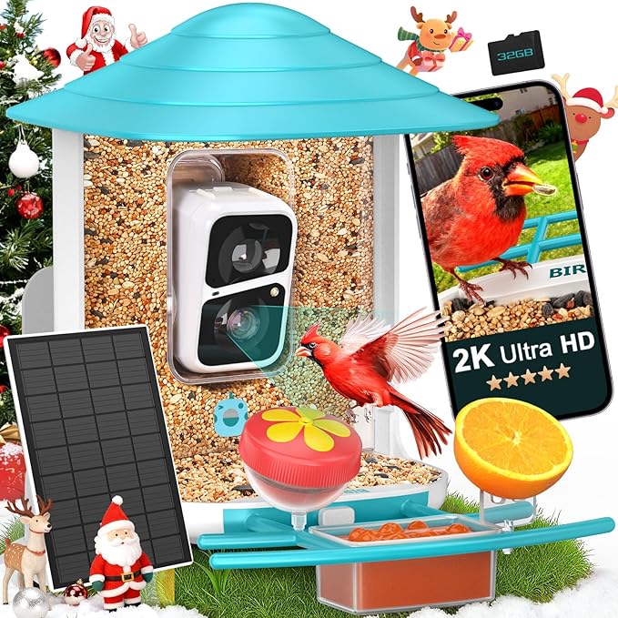 birdsnap® TUC Bird Feeder with Camera 2K HD, Solar Panel 32GB Card 4-in-1 Perch, 160°View Auto Detect & Notify AI Identify Video Bird Camera Wireless Outdoors Ideal Gift for Birds Lover