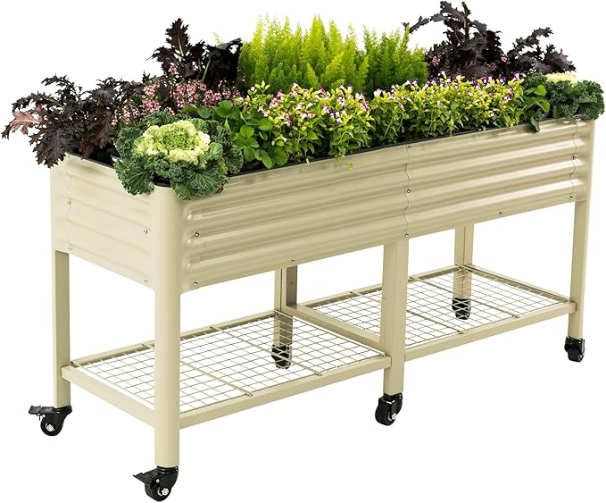 Rolling Elevated Raised Garden Bed-V Series, 2' x 6' Garden Beds with Legs & Storage Rack for Patio & Porch, 1000 Lbs Weight Capacity, Outdoor Planter Box for Vegetables Flower Herbs, Pearl White