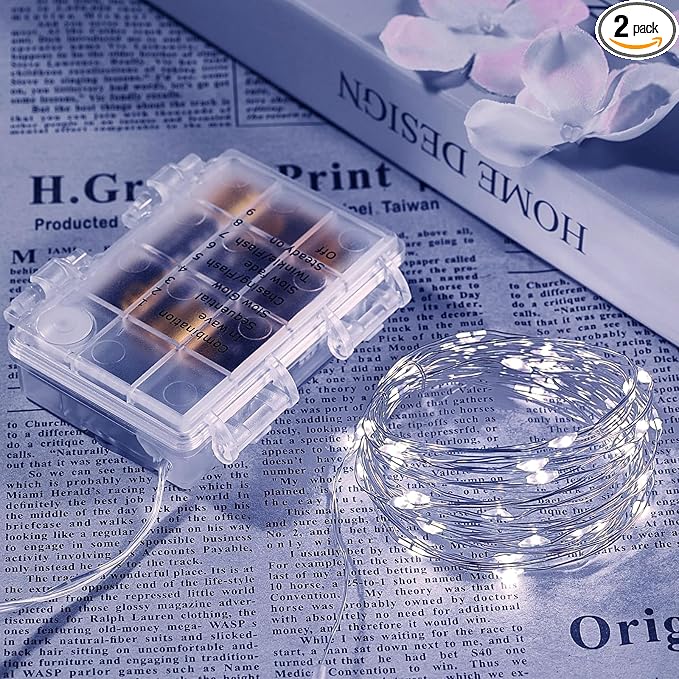 2 Pack 65.6 Ft. Battery Operated Outdoor String Lights with Remote & Timer, LED Cool Whit Fairy Lights, Waterproof Twinkle Lights for Bedroom, Dorm, Mason Jar, Wedding, Party, Christmas