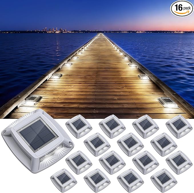 Solar Driveway Lights Outdoor 16 Pack, IP68 LED Solar Powered Waterproof Driveway Marker Deck Dock Lights for Dock Step Pathway Walkway Sidewalk Garden Yard Stair Marine (White)