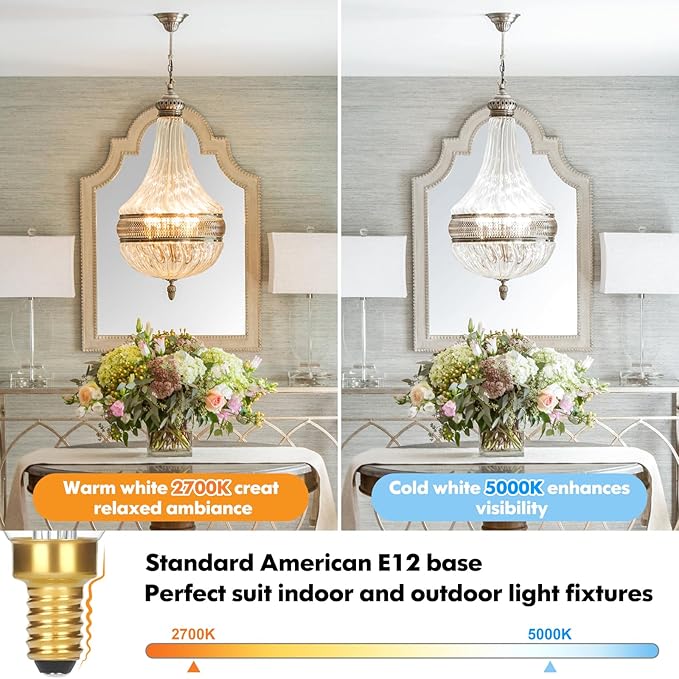 GoBright Dimmable E12 Candelabra LED Light Bulbs 40W Equivalent, 2700K Soft Warm White Chandelier Light Bulbs, 4W 460 LM Flame Tip Candle Light Bulbs, 12-Pack