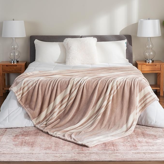 Berkshire Blanket-Classic Heavyweight Soft Printed VelvetLoft® Plush Warm Blanket, Twin Size Soft Fuzzy Blanket for Couch Sofa Bed, Stripe Cream, 60in x 90in