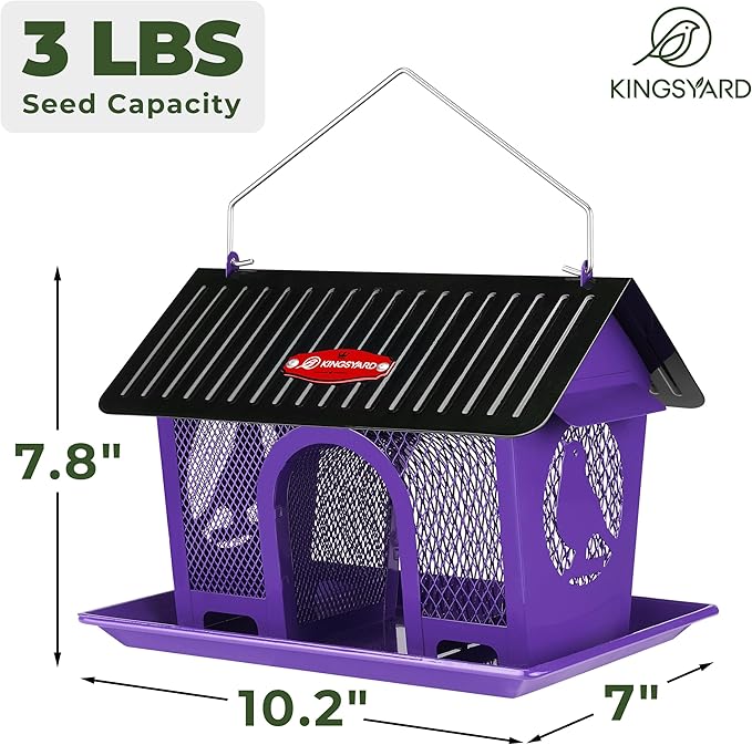 Kingsyard Metal Bird Feeders for Outdoors Hanging, Wild Bird Feeder with Seed Tray and Weatherproof Roof, 3 lbs Seed Capacity, Purple