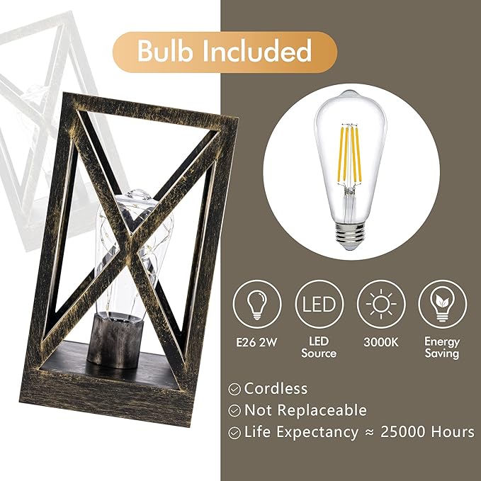 WINGBO 2 Pack Retro Battery Powered Table Lamps, Battery Operated Cordless Lamp Set, Portable Nightlight Decorative Light for Living Room Dining Room Bedroom Entryway Patio, Black & Gold Finish