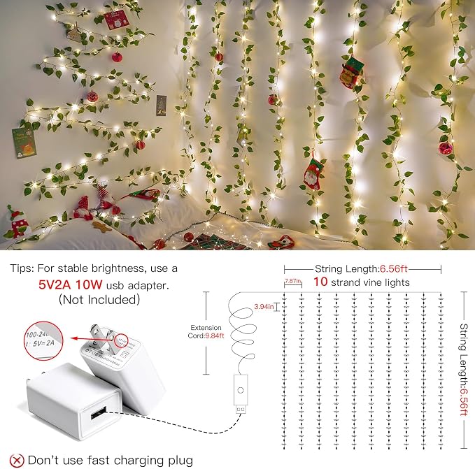 suddus Vines with Lights, 200 LED Fairy Lights with Vines, Pothos Curtain String Lights with Remote for Bedroom, Dorm, Wedding, Party, Wall, Indoor, Outdoor Decor, 6.5ft x 6.5ft