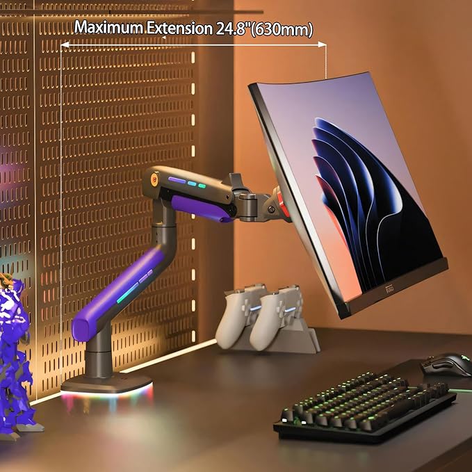 NB Gaming Monitor Arm or for 32 to 60 Inches Screen, Load up to 20 kg, VESA 75/100, RGB-Light, Heavy Duty, Multi Angle Adjustable, Premium Aluminum, Purple Blue