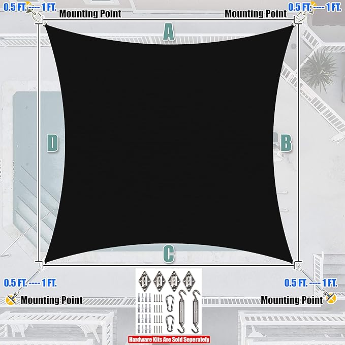 Amgo Custom Size 11' x 23' Black Rectangle Square Sun Shade Sail UPF50+ AGTAPR1620, Order to Make Canopy Awning, 95% UV Blockage, Water & Air Permeable, Commercial and Residential (We Customize)