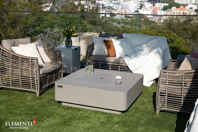 Elementi+ | Bundle Lucerne Gas Fire Pit Cast Concrete 42" Square Fire Table, Outdoor Fire Pit Electronic Ignition | Canvas Cover, Fire Glass and Burner Lid Included | Light Gray | Natural Gas