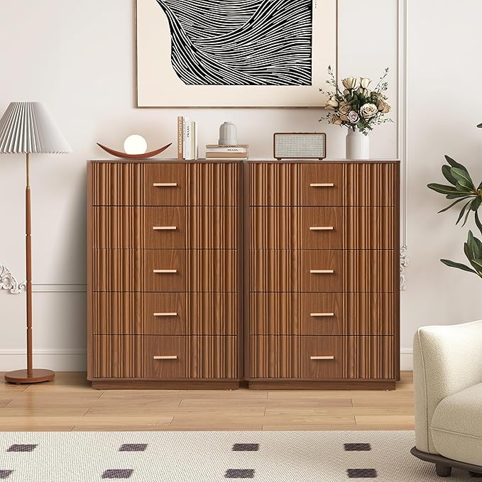 Fluted 5 Drawers Dresser for Bedroom, Wooden Tall Storage Dresser TV Stand, Curved Profile Modern Chest of Drawers, Wood Closet Clothes Storage Organizer for Living Room Hallway,Walnut 2 Sets