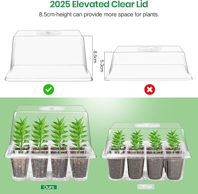 Bonviee 10 Packs Seed Starter Tray with Elevated Lid, 120 Cells Thicken Seed Starting Trays Kit with Adjustable Humidity Vent, Clear Cell Tray and Heightened Lids for Greenhouse & Gardens, Clear