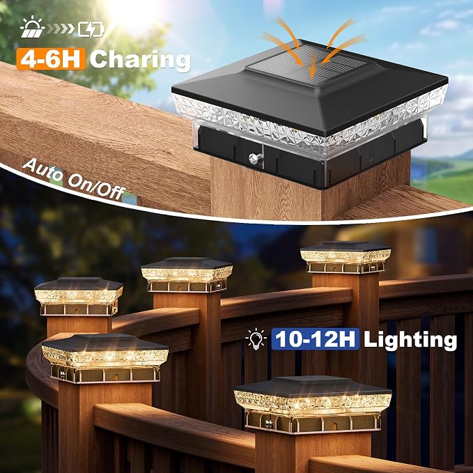 APONUO Solar Post Cap Lights for 4x4 Wood &Vinyl Posts, 3 Light Modes & 800mAh Battery, IP65 Waterproof Rugged Unibody, Solar Outdoor Lights for Fence, Deck & Patio (Black, 12 Pack)