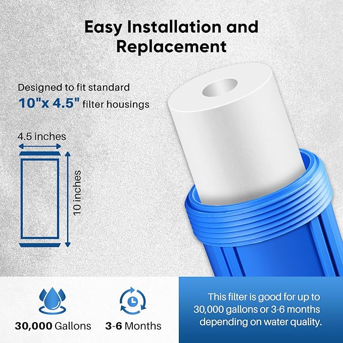 PUREPLUS 20 Micron 10" x 4.5" Whole House Sediment Home Water Filter Replacement Cartridge for Culligan RFC-BBSA, HD-950, WFHD13001B, W15-PR, GXWH30C, GXWH35F, Aqua-Pure AP817, PP10BB, 2PACK