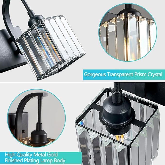 Crystal Vanity Lights 2-Light Black Wall Lamp Modern Crystal Bathroom Light Fixtures Over Mirror 13.77" Long Bathroom Wall Sconce