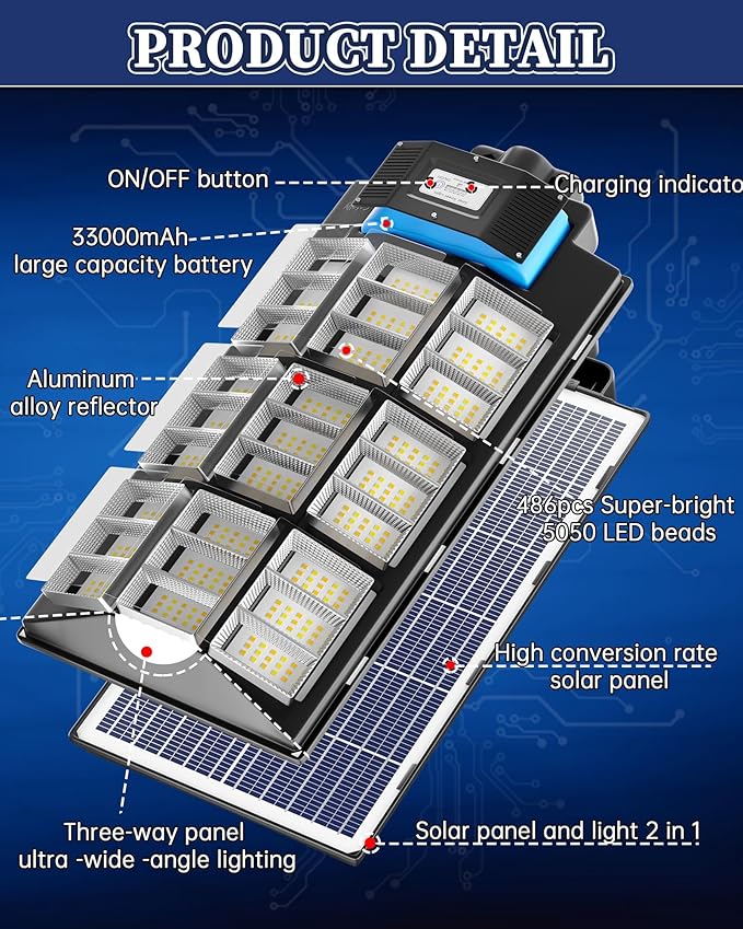 Gefolly SL-7200W Solar Street Light Outdoor, Wide Angle 450000LM 3000K/4000K/6500K Commercial Parking Lot Light Dusk to Dawn, IP67 Flood Outdoor Lamp for Basketball Court, Road, Yard