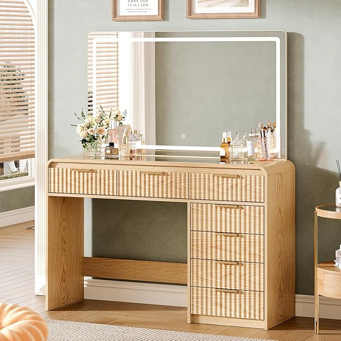 47“Makeup Vanity Desk with 44.8" Mirror and Lights, Vanity Desk with 7 Drawers, Makeup Vanity Table with a Glass Tabletop, 3 Color Modes & Adjustable Brightness Dressing Table, Bedroom,Oak