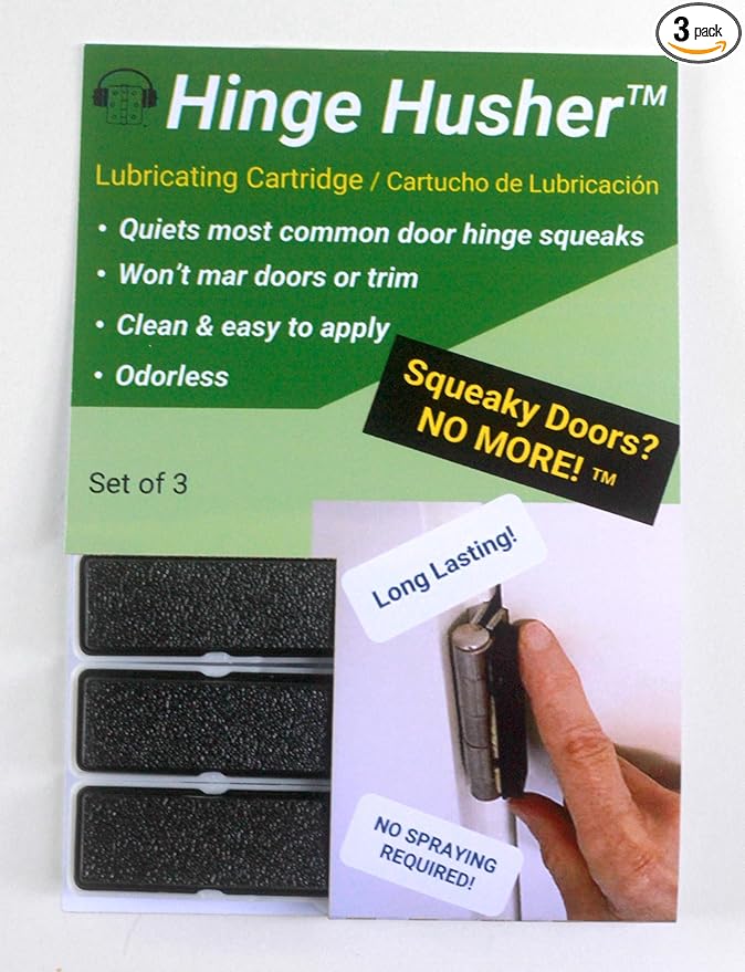 The First-of-Its-Kind Lubricant Cartridge for Squeaky Door Hinges. Mess-Free, Odorless, Sprayless & Prelubricated. Hinge Husher™ Lubricant Cartridges (3 Pack - Black)