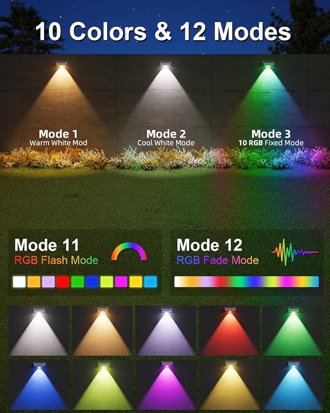 JOFIOS Solar Fence Lights Outdoor, 12 Pack, 50LM Ultra Bright, 10 Colors & 12 Lighting Modes Solar Deck Lights, IP65 Waterproof, Dusk-to-Dawn Solar Powered Fence Light for Patio, Railing (White)