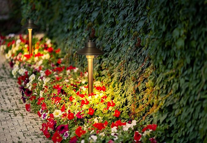 GKOLED Solid Brass Landscape Path Lights (5" Shade, 20" Tall), Low Voltage LED 3W 12-24V China Hat Path Lighting, Outdoor Waterproof Walkway Light, 2700K Warm White, with Stake and G4 Bulb, 12 Pack