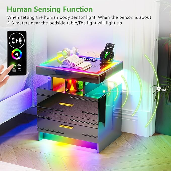 HNEBC RGB Nightstand with Wireless Charging Station, LED Night Stand with Motion Sensor Lights, Smart Bedside Table with Changing Strip Lights with Remote,High Gloss Side Table/Glass Top (Black)