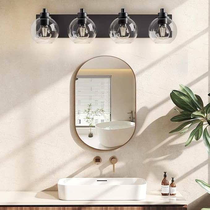 Espird Bathroom Light Fixtures-Matte Black Vanity Lights for Bathroom, Modern Black Vanity Lights 4-Light Bathrooms Lighting Fixtures Over Mirror with Clear Glass Shade