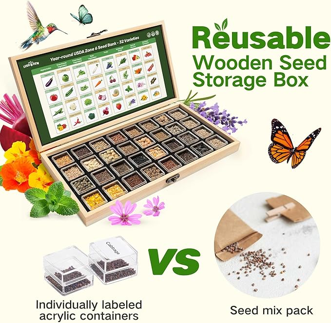 Lush&Dew Year-Round USDA Zone 6 Heirloom Survival Seed Kit, 32 Varieties 30,000+ Seeds for Planting Vegetables Herbs, Gardening Gifts for Women Men, Raised Garden Bed, Greenhouse Indoor Outdoor