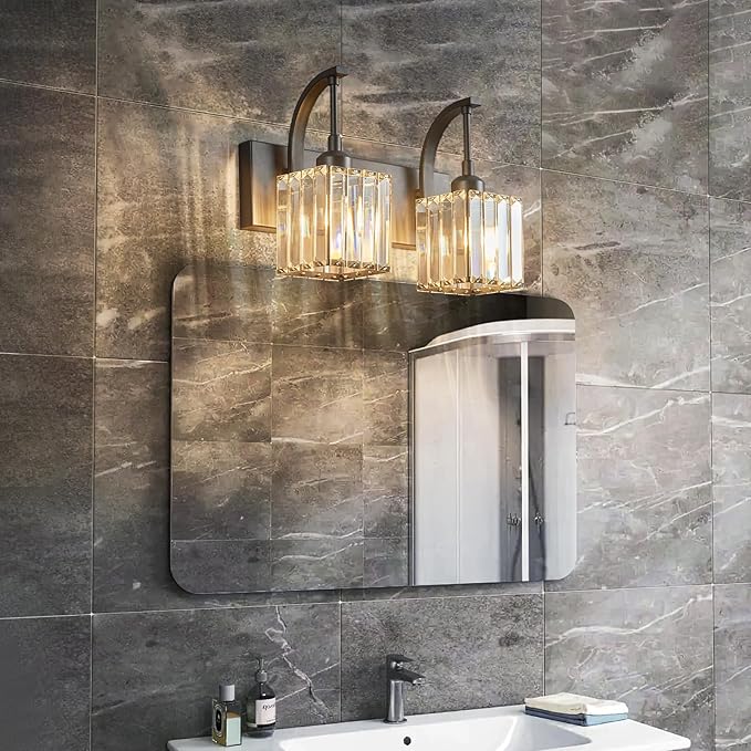 Crystal Vanity Lights 2-Light Black Wall Lamp Modern Crystal Bathroom Light Fixtures Over Mirror 13.77" Long Bathroom Wall Sconce