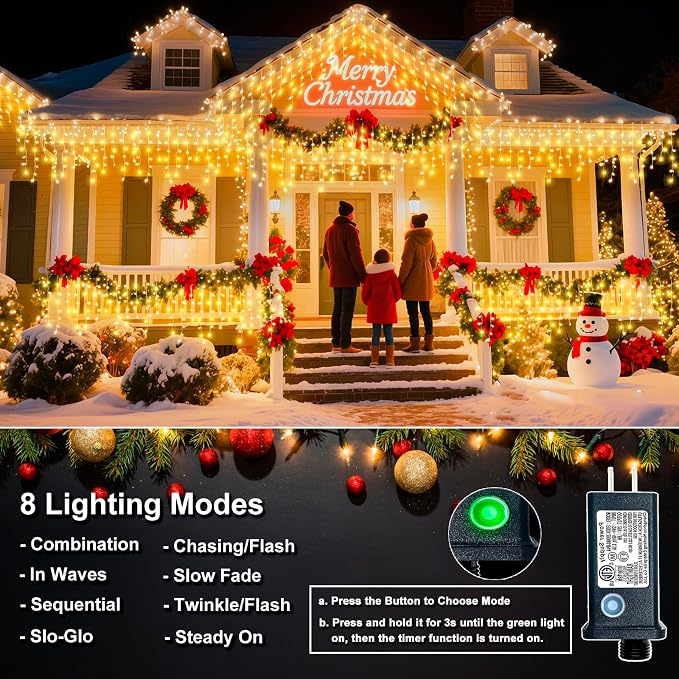 Icicle Christmas Lights Outdoor - 98FT 1216 LED Icicle Lights for Outside with 8 Modes Timer, 228 Drops Waterproof Hanging String Lights Indoor for House Wedding Holiday Decorations, Warm White