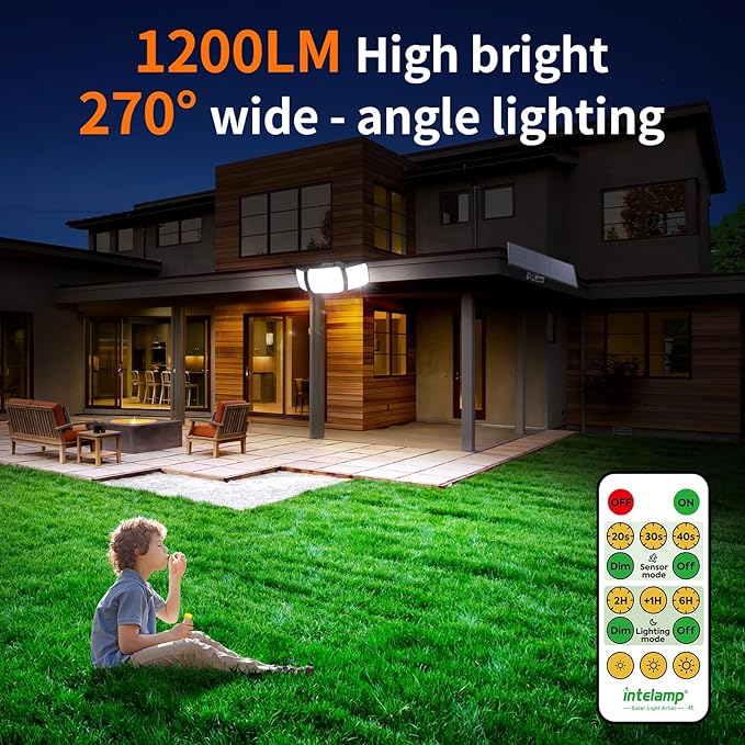 intelamp Solar Flood Lights Outdoor Waterproof, 2 Pack 6000mAh 1200LM Solar Powered Dual Motion Sensor LED Lighting Dusk to Dawn Security Floodlight Exterior with Remote 9.8ft Cable for Garden House