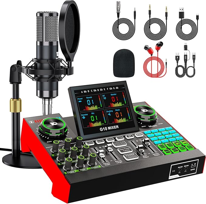 Podcast Microphone Bundle with Live Sound Board Audio Mixer, Podcast Equipment Bundle with 3.5mm Condenser Microphone(P15) for Pc/Phone Live Streaming Singing Gaming, Voice Changer, Denoise