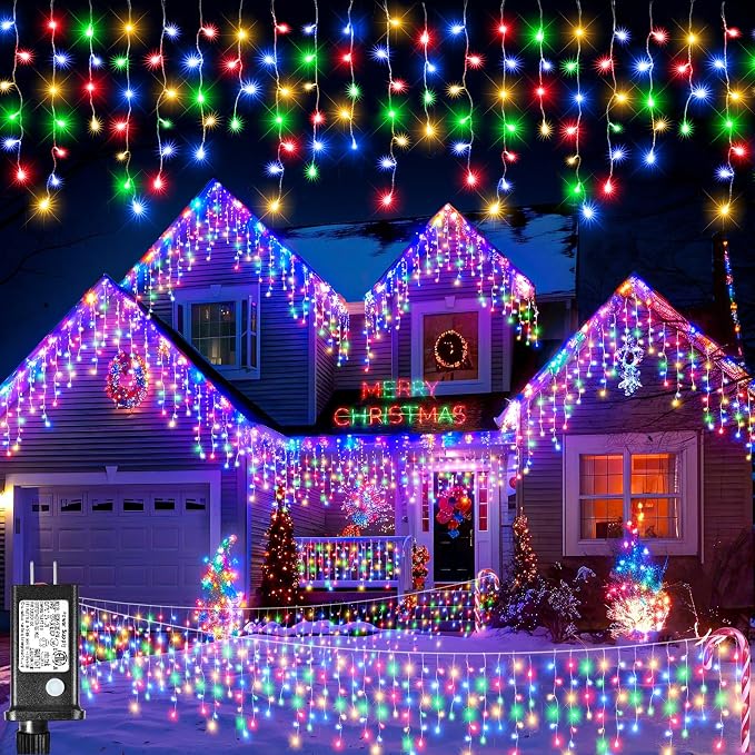 Icicle Lights for Outside - 16.5FT 200 LED Icicle Christmas Lights Outdoor Waterproof, 8 Modes Plug In Connectable Curtain String Light for Indoor Patio Roof Party Holiday Decorations, Multicolor