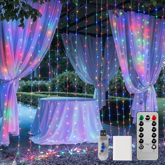 Brightown 300 LED Curtain String Lights, 9.8 FT Hanging Fairy Lights with Remote, 8 Modes, Waterproof Window Lights for Bedroom Backdrop Wedding Outdoor Christmas Decoration, Multicolor