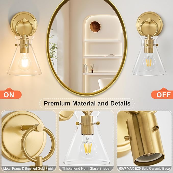 Gold Wall Sconce 1-Light Hardwired Wall Mount Modern Farmhouse Vanity Light Fixtures with 6 Inch Clear Glass Shade, Wall Lights for Bathroom, Bedroom, Living Room, Mirror, Kitchen, Lighting Lamp