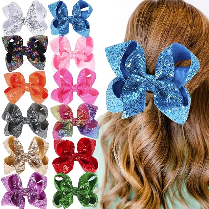 6 Inch Blue Sparkly Glitter Sequin Hair Bows for Girls Toddlers Kids Children Teenage (2PCS)