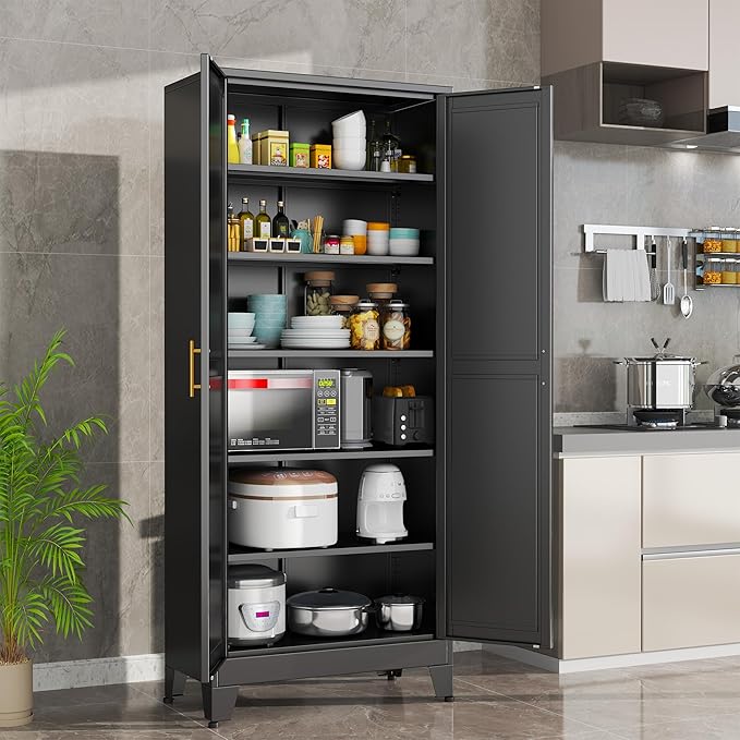 Black Metal Storage Cabinet,75" Steel Cabinets for Home Office, Kitchen Pantry Storage Cabinet with Doors and 5 Adjustable Shelves, Tool Cabinets, for Office, Home, Garage, School