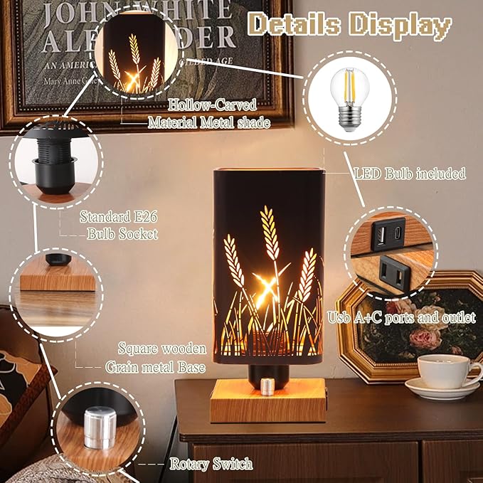 Industrial Table Lamp with USB Ports and Outlet, Rustic Dimmable Bedside lamp with Charging Station, Metal Square Shadow Nightstand Lamp, Night Light for Kids Bedroom Living Room End Tables