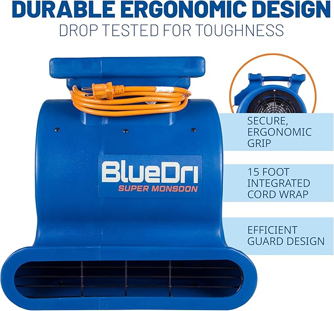 BlueDri Super Monsoon 1 HP, 4050 CFM Air Mover Blower Fan for Water Damage Restoration Carpet Dryer Floor Home and Plumbing Use, Blue, BD-SMNSN