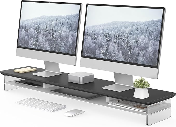 Fenge Acrylic Monitor Stand Riser, 42.5 Inches Dual Monitor Stand with Metal Storage, 2 Tier Acrylic Computer Riser for Desk, Clear Laptop Stand for PC, Laptop, Printer, TV, Black